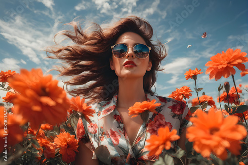 A woman with long hair and sunglasses stands in a field of orange flowers