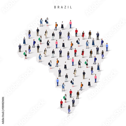 Brazil population map. Large group of realistic a diverse crowd of people figures in a shape of Brazilian map. Flat vector illustration isolated on white.
