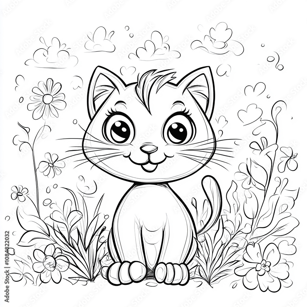 Obraz premium cartoon style coloring page for kids with cute cat