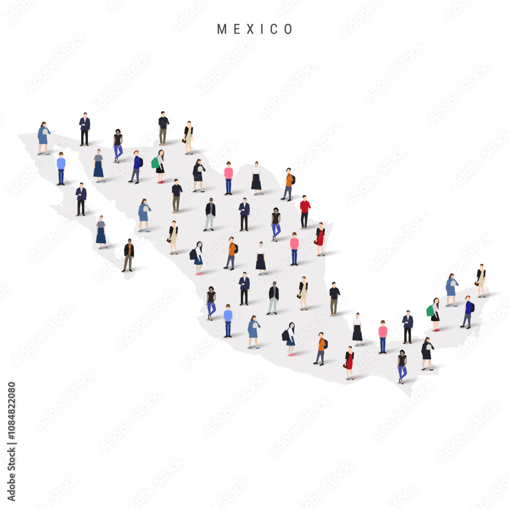 Mexico population map. Large group of realistic a diverse crowd of people figures in a shape of Mexican map. Flat vector illustration isolated on white. Mexico population map. Large group of realistic a diverse crowd of people figures in a shape of Mexican map. Flat vector illustration isolated on white.