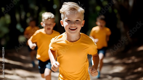 A group of children in yellow shirts joyfully running on a sunny path, showcasing energy, teamwork, and outdoor fun.