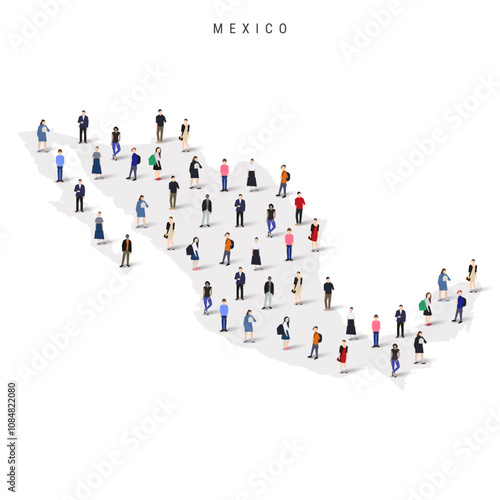 Mexico population map. Large group of realistic a diverse crowd of people figures in a shape of Mexican map. Flat vector illustration isolated on white.