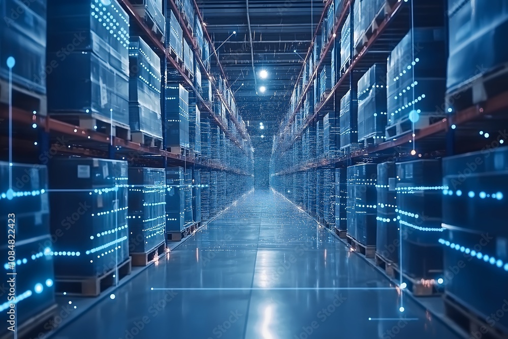 Smart warehouse management system with innovative internet of things technology IOT. Future concept of supply chain and logistic network business Smart warehouse management system with innovative internet of things technology IOT. Future concept of supply chain and logistic network business