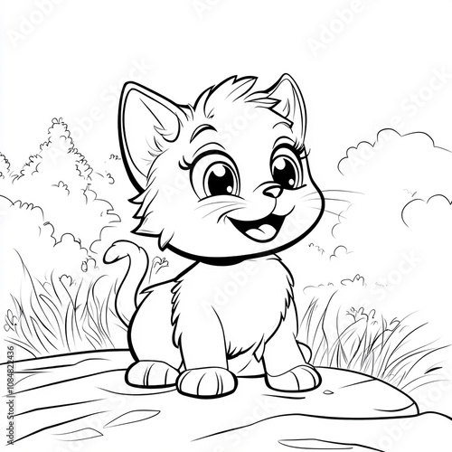 cartoon style coloring page for kids with cute cat