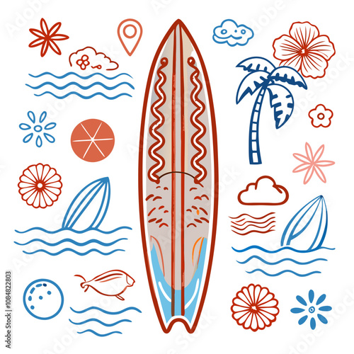 Surfboard Summer Vibes: Illustrated Surfboard with Tropical Elements 