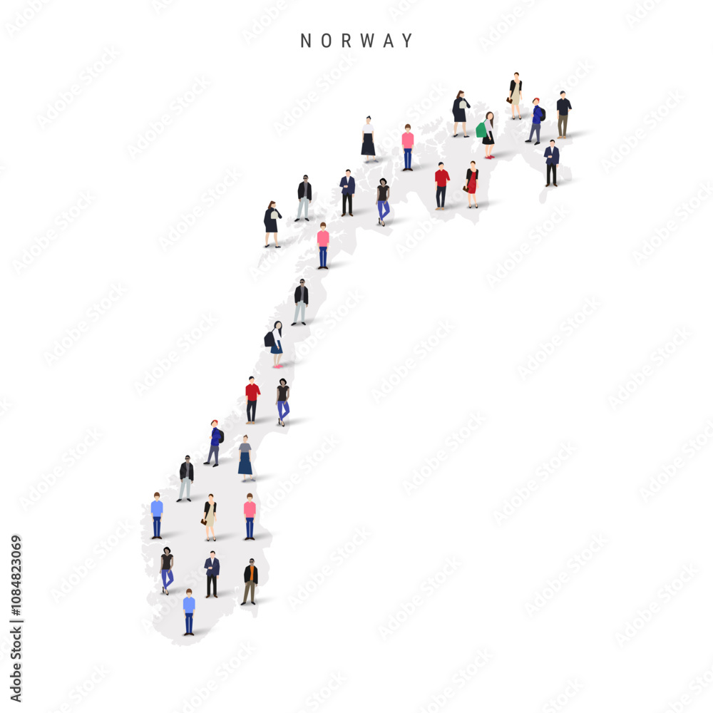 Norway population map. Large group of realistic a diverse crowd of people figures in a shape of Norwegian map. Flat vector illustration isolated on white. Norway population map. Large group of realistic a diverse crowd of people figures in a shape of Norwegian map. Flat vector illustration isolated on white.