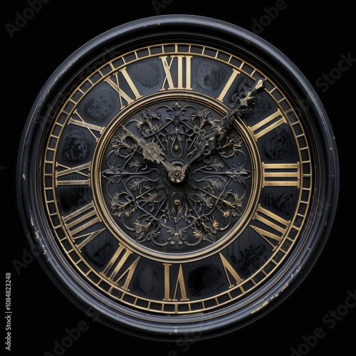 A black and gold clock with Roman numerals on it