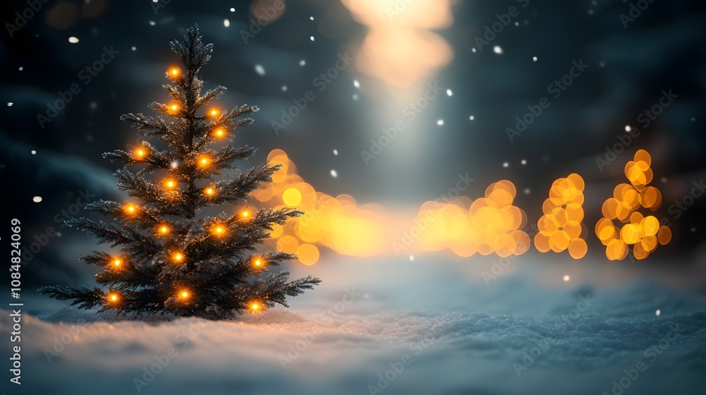 Naklejka premium A Beautifully Decorated Christmas Tree Adorned with Glowing Golden Fairy Lights Surrounded by Snowy Landscape and Soft Bokeh Background for Festive Celebrations