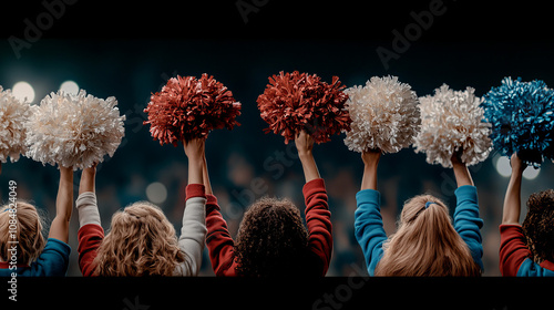 Cheerleaders raise pom poms in celebration during an exciting sports event at a crowded arena in the evening