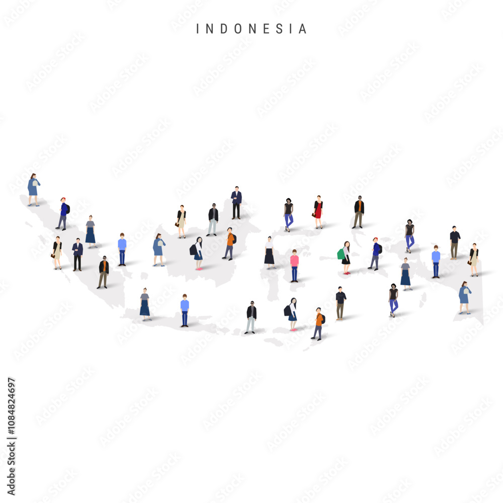 Indonesia population map. Large group of realistic a diverse crowd of people figures in a shape of Indonesian map. Flat vector illustration isolated on white. Indonesia population map. Large group of realistic a diverse crowd of people figures in a shape of Indonesian map. Flat vector illustration isolated on white.