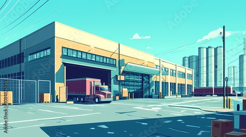 A modern industrial warehouse with trucks and storage areas, showcasing logistics operations.