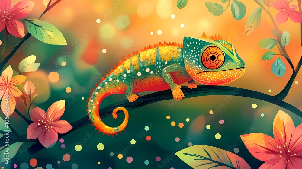 A vibrant chameleon resting on a branch amidst colorful flowers and a dreamy background. A vibrant chameleon resting on a branch amidst colorful flowers and a dreamy background.