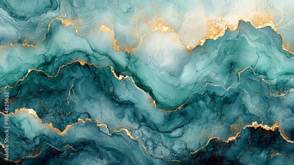Abstract fluid art featuring teal and gold waves. Abstract fluid art featuring teal and gold waves.