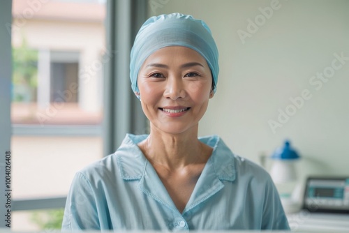 Smiling hospital worker wearing a blue surgical cap and gown, standing in a bright professional environment, conveying warmth and competence in healthcare settings.,Cancer patients, chemo, brain cance photo