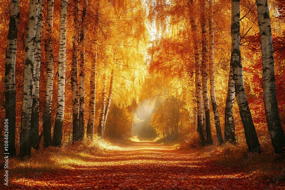 Fototapeta premium Serene autumn forest path illuminated by golden foliage.
