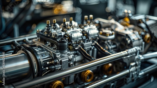 A close-up view of intricate car engine mechanics showcasing the detailed components and advanced design, highlighting automotive engineering and technology.