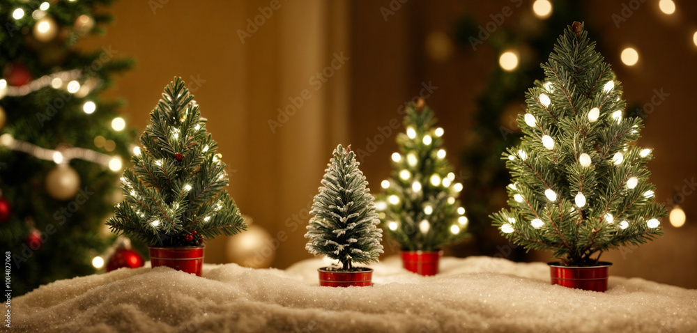 Cozy Christmas decoration with mini Christmas tree and lights on snowy background Cozy Christmas decoration with mini Christmas tree and lights on snowy background