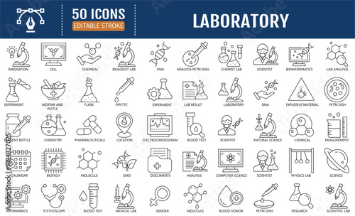 Laboratory Editable Line Icon set. Containing experiment, test tube, microscope, flask, chemical, biology, research, lab and more. Vector Line Illustration