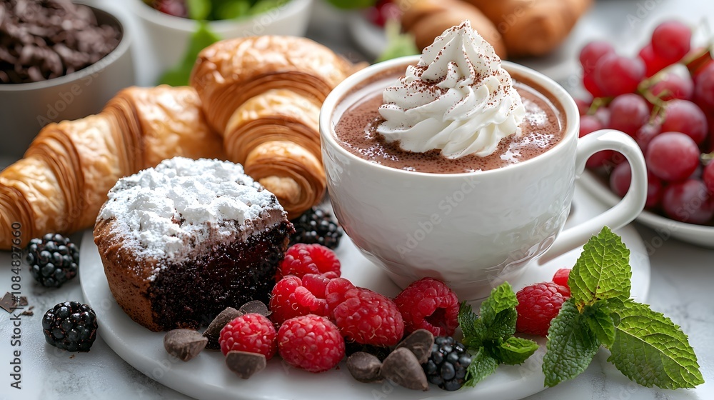 Indulgent Hot Chocolate Experience with Fresh Berries and Croissants Cozy Kitchen Setting Dessert Photography Culinary Delight Indulgent Hot Chocolate Experience with Fresh Berries and Croissants Cozy Kitchen Setting Dessert Photography Culinary Delight