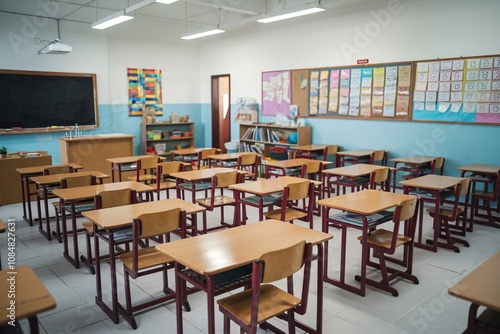  a classroom with wooden desks and chairs arranged in neat rows.