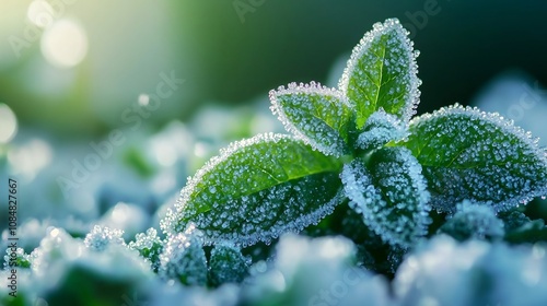 Menthol Icy Mint, Frosty Mint Leaves with Dew Crystals in Cool Color Palette