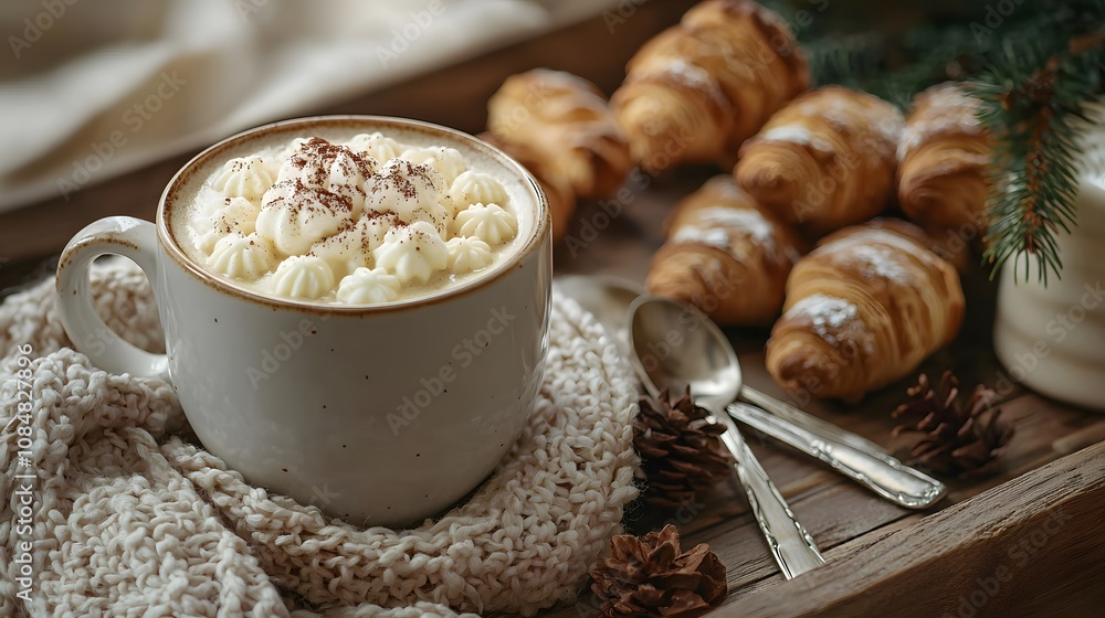 Warm Winter Drink Celebration Cozy Hot Chocolate with Whipped Cream and Croissants Home Kitchen Food Styling Inviting Atmosphere Warm Winter Drink Celebration Cozy Hot Chocolate with Whipped Cream and Croissants Home Kitchen Food Styling Inviting Atmosphere