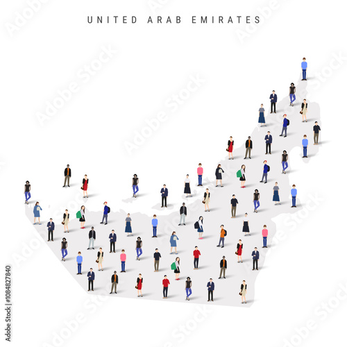 United Arab Emirates population map. Large group of realistic a diverse crowd of people figures in a shape of UAE map. Flat vector illustration isolated on white.