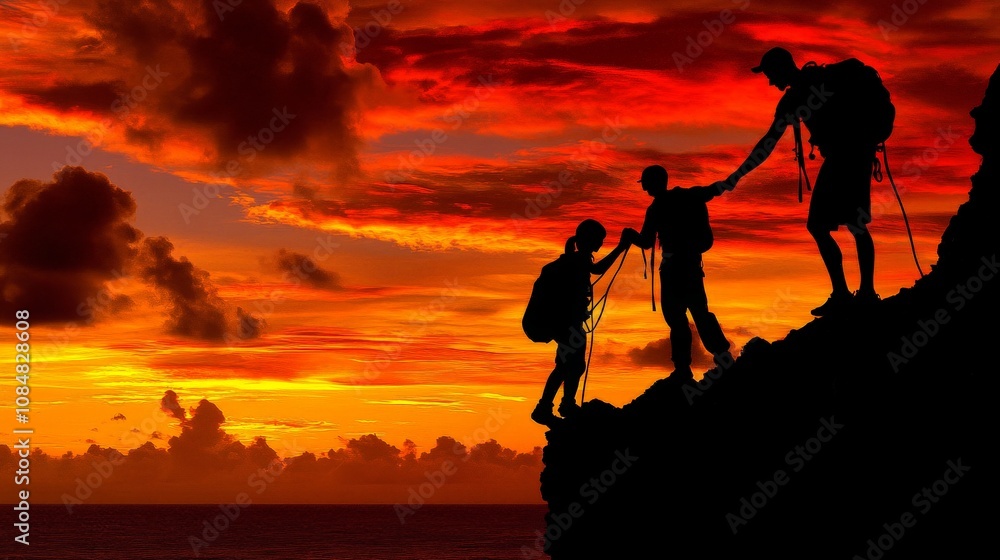 Hikers Silhouette Against Vibrant Sunset Sky Hikers Silhouette Against Vibrant Sunset Sky