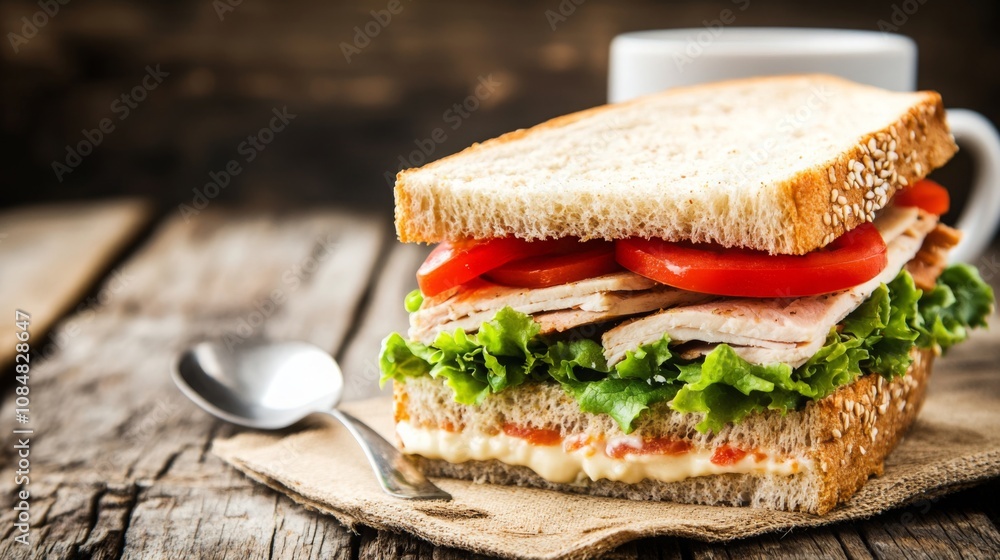 Fresh ham and vegetable sandwich on a white plate, perfect for a healthy lunch Fresh ham and vegetable sandwich on a white plate, perfect for a healthy lunch