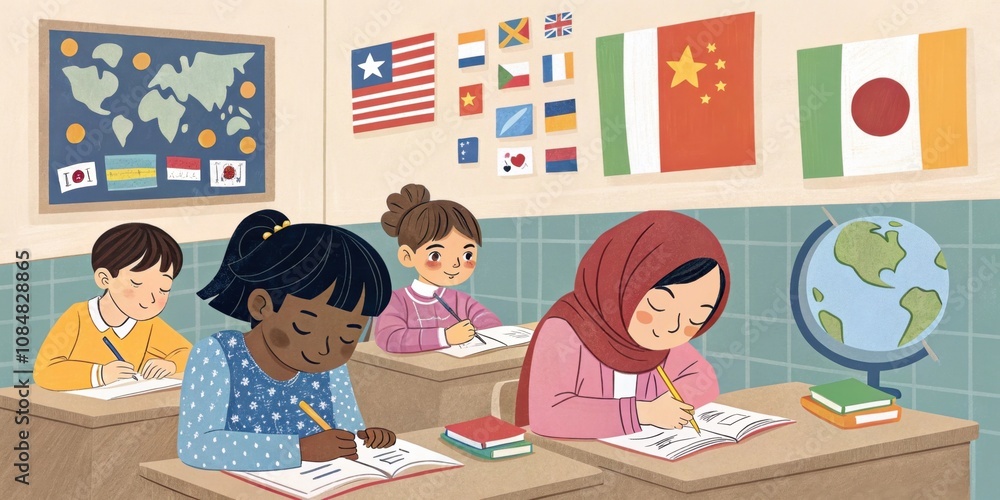 Four young elementary school students are concentrating on their notebooks and writing with pencils in a multicultural classroom decorated with flags from around the world Four young elementary school students are concentrating on their notebooks and writing with pencils in a multicultural classroom decorated with flags from around the world