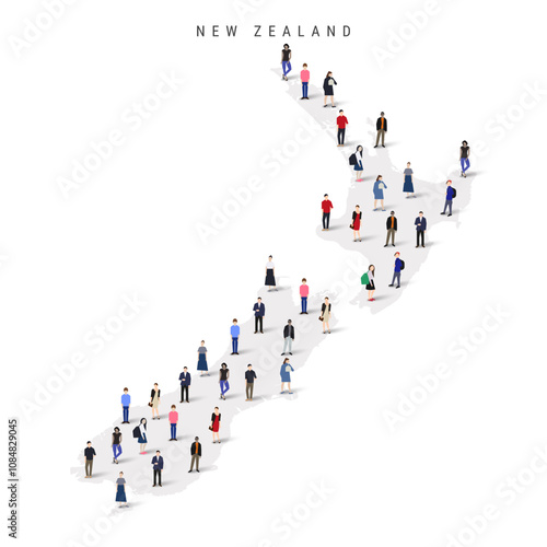 New Zealand population map. Large group of realistic a diverse crowd of people figures in a shape of Kiwi map. Flat vector illustration isolated on white.