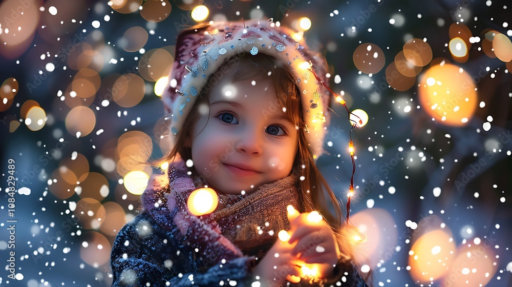 A joyful child in winter attire, surrounded by glowing lights and falling snow, capturing the magic of the holiday season. A joyful child in winter attire, surrounded by glowing lights and falling snow, capturing the magic of the holiday season.