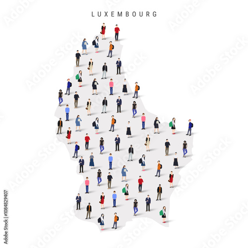 Luxembourg population map. Large group of realistic a diverse crowd of people figures in a shape of Luxembourgish map. Flat vector illustration isolated on white.