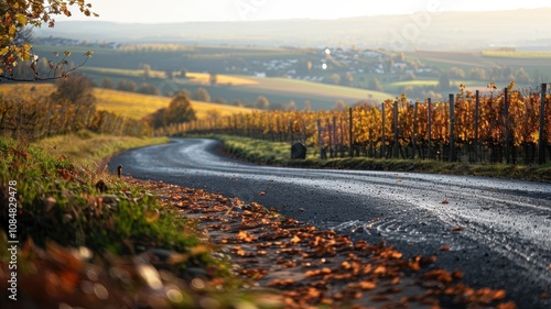 A winding narrow road meanders through a picturesque autumn landscape, lined with colorful foliage and vineyards, highlighting the beauty of nature. photo