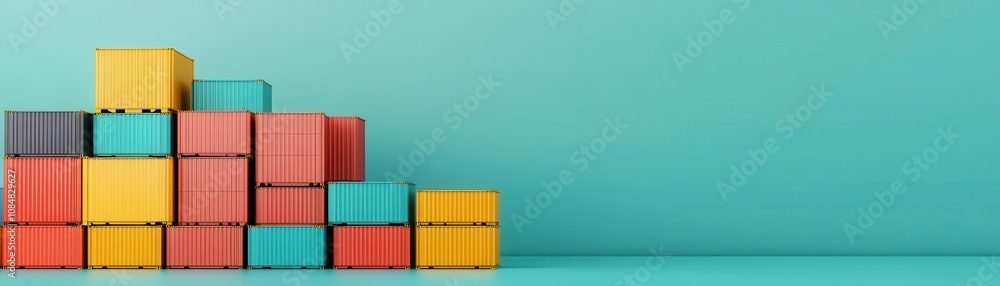 Fototapeta premium A vibrant arrangement of colorful shipping containers stacked against a turquoise background, showcasing modern logistics and trade.