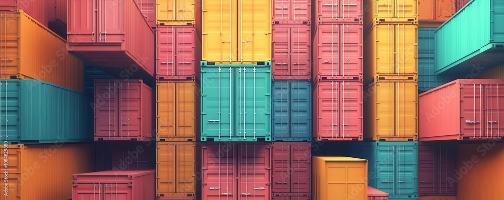 Fototapeta premium A vibrant arrangement of shipping containers in various colors, stacked in a visually striking pattern, showcasing industrial logistics and transportation.