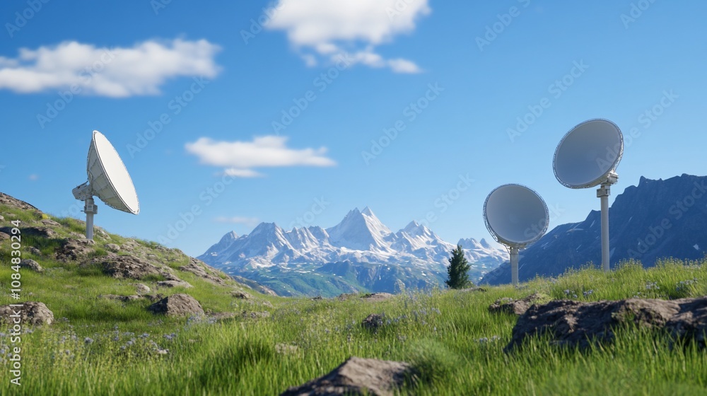 Satellite dishes on mountain meadow. Satellite dishes on mountain meadow.