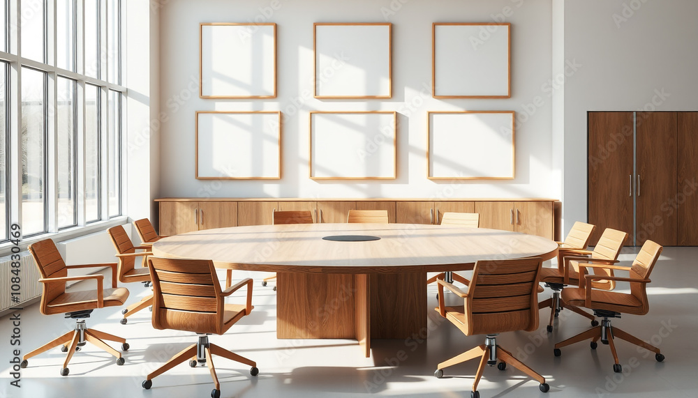 Fototapeta premium Modern Business Meeting Room Interior with Wooden Chairs and Blank White Canvas or Mockup Frame on the Wall. 