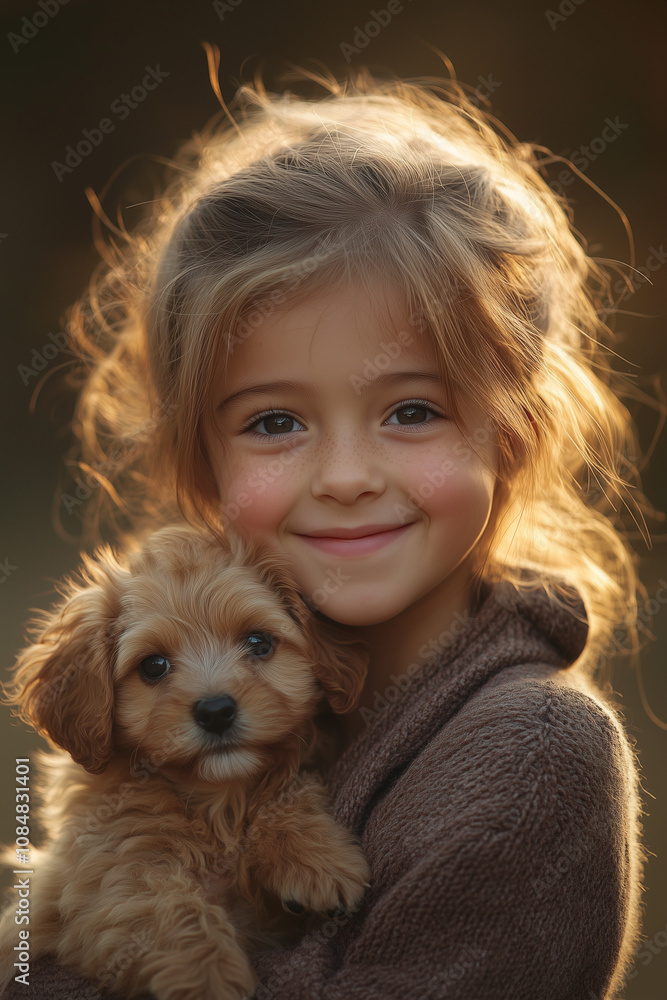 A young girl at golden hour holds an adorable puppy. A cute backlit image of a child and her newly adopted dog. Sweet, cute and loving mood - cozy sweater and soft hair and fur A young girl at golden hour holds an adorable puppy. A cute backlit image of a child and her newly adopted dog. Sweet, cute and loving mood - cozy sweater and soft hair and fur