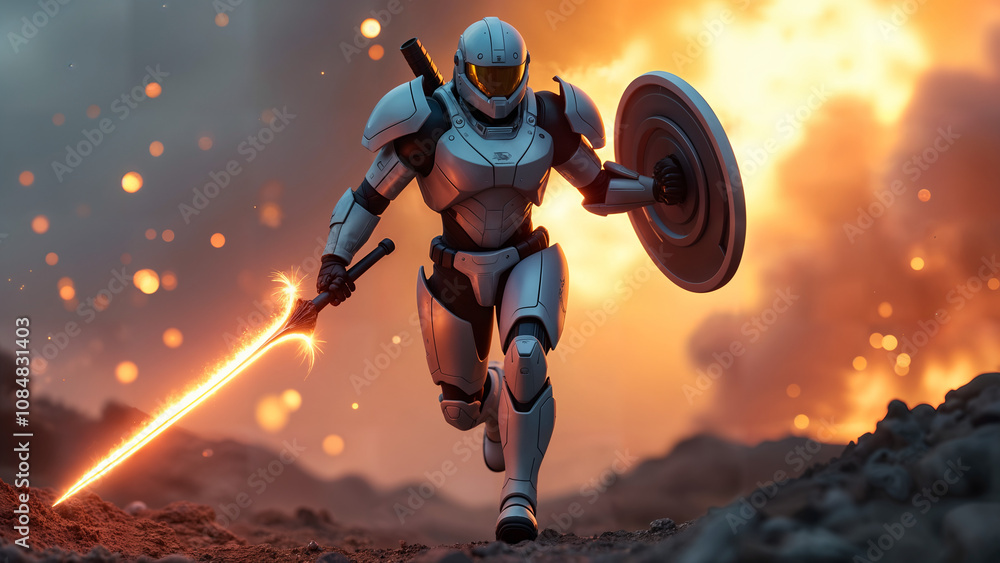 Fototapeta premium High-octane futuristic battlefield with a heroic soldier charging forward amidst chaos, explosions, and glowing technology.