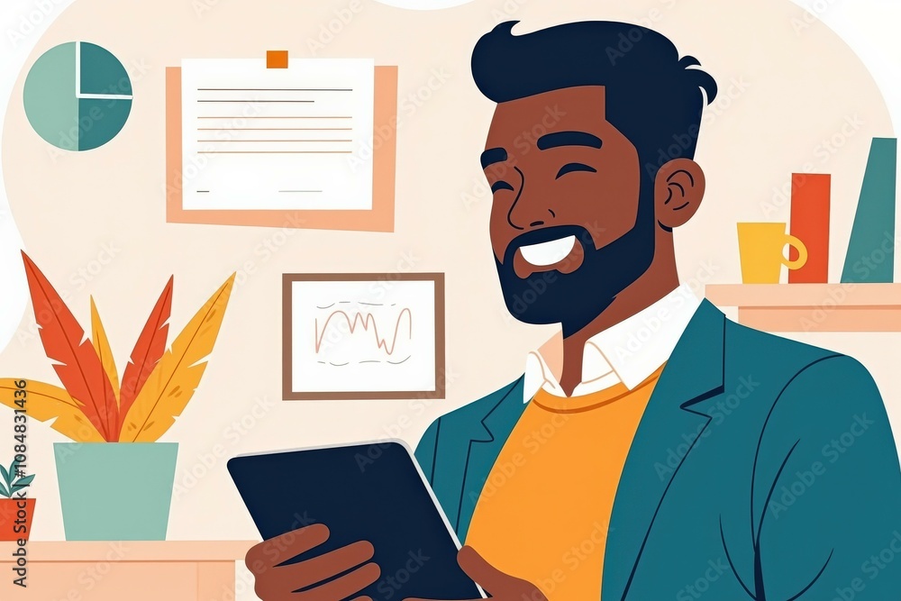 Happy Businessman Using Tablet in Modern Office Setting, Perfect for Business Marketing and Website Design Happy Businessman Using Tablet in Modern Office Setting, Perfect for Business Marketing and Website Design