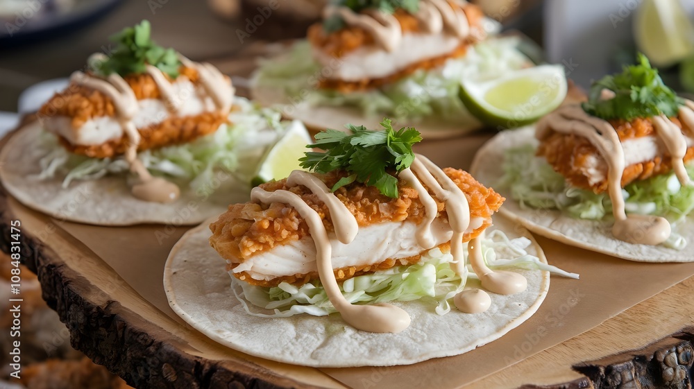 Crispy fish tacos with shredded cabbage, lime, and creamy sauce on corn tortillas served on wooden board Crispy fish tacos with shredded cabbage, lime, and creamy sauce on corn tortillas served on wooden board