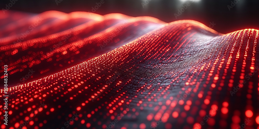 Fototapeta premium Red binary code waves creating dynamic digital landscape