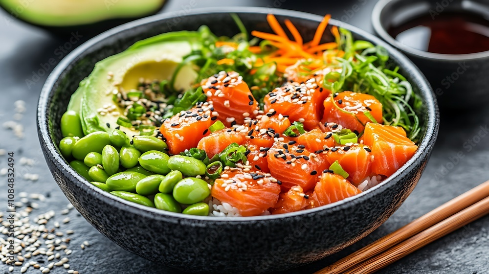 A vibrant sushi bowl with salmon, avocado, and edamame. A vibrant sushi bowl with salmon, avocado, and edamame.