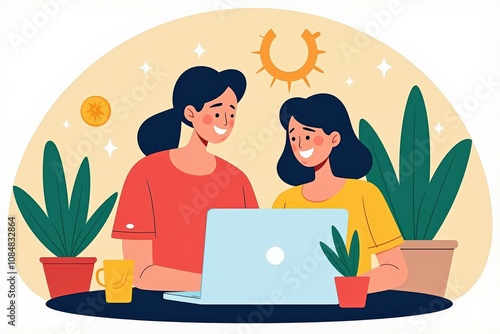 Vibrant Young Women Working Together on Laptop in Cozy Yellow Office with Plants and Coffee