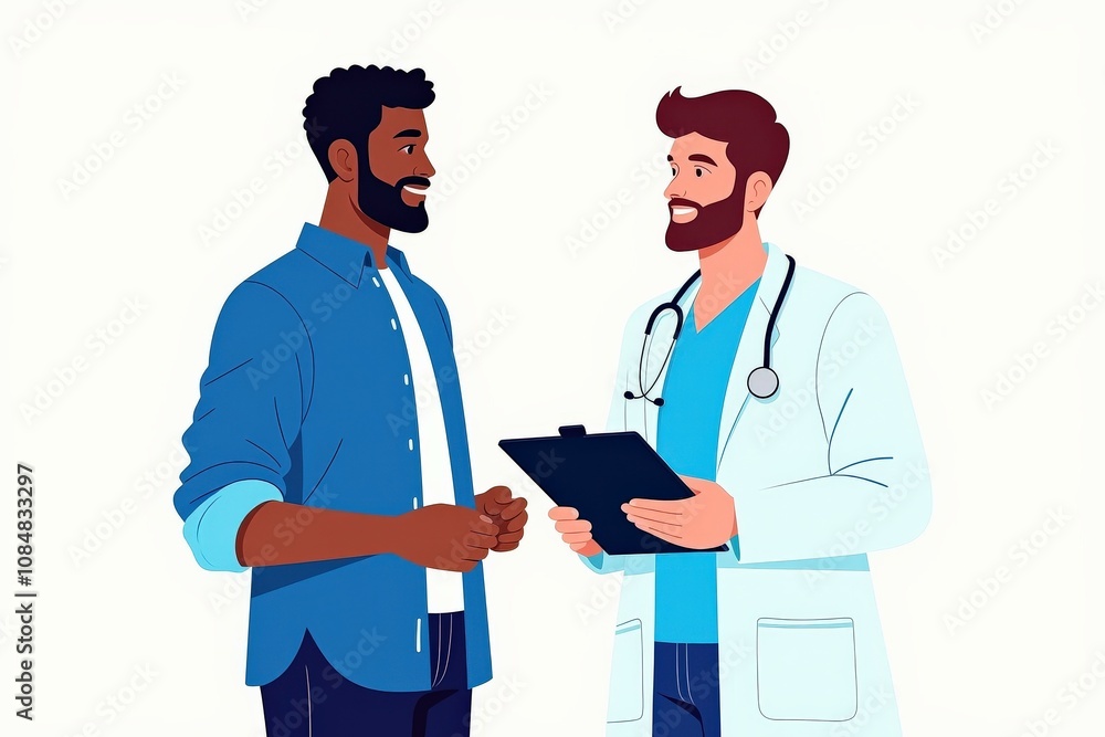 Illustration of a Doctor Consulting a Patient with a Clipboard, Ideal for Medical and Health Concepts Illustration of a Doctor Consulting a Patient with a Clipboard, Ideal for Medical and Health Concepts