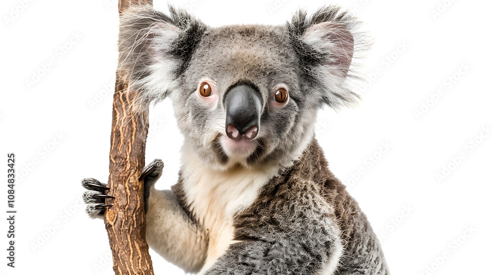 Obraz premium A close-up of a koala holding onto a branch, showcasing its distinctive features and fur texture.