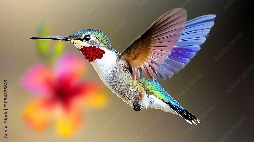 Colorful Hummingbird in Flight with Blurry Flower Background Colorful Hummingbird in Flight with Blurry Flower Background