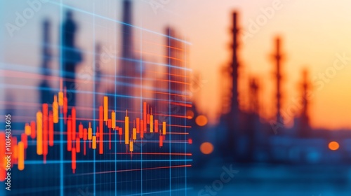 Investment analysis of fossil fuel stocks, with a backdrop of oil refineries and energy sector icons.