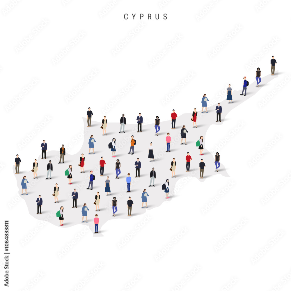 Cyprus population map. Large group of realistic a diverse crowd of people figures in a shape of Cypriot map. Flat vector illustration isolated on white. Cyprus population map. Large group of realistic a diverse crowd of people figures in a shape of Cypriot map. Flat vector illustration isolated on white.